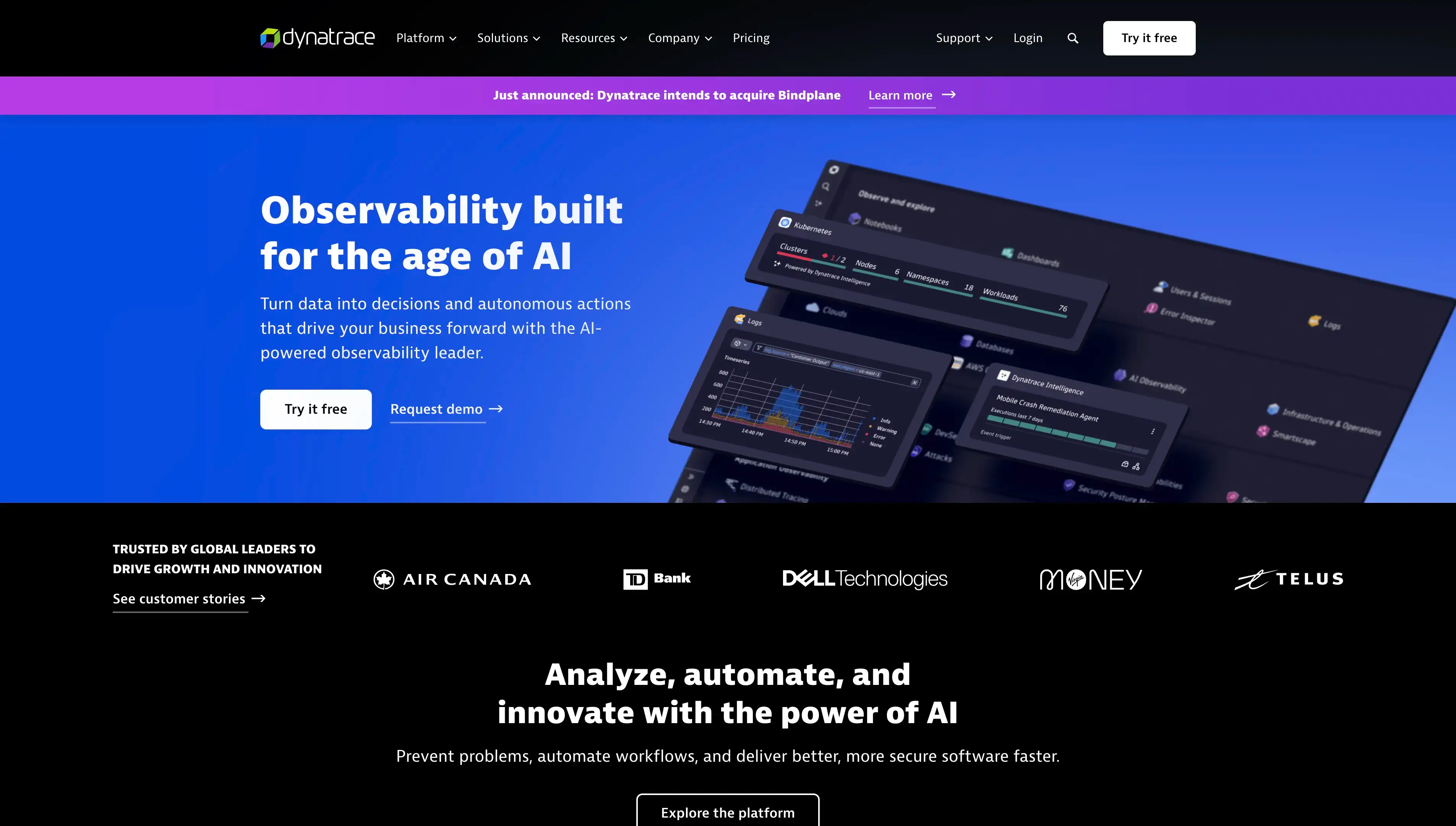 Dynatrace observability platform dashboard